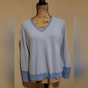 Izod Light Blue & White Striped V-Neck Sweater with Accent Buttons